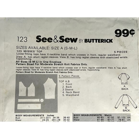 Butterick Sewing pattern 123 pullover top V neck size S M L - Picture 4 of 5